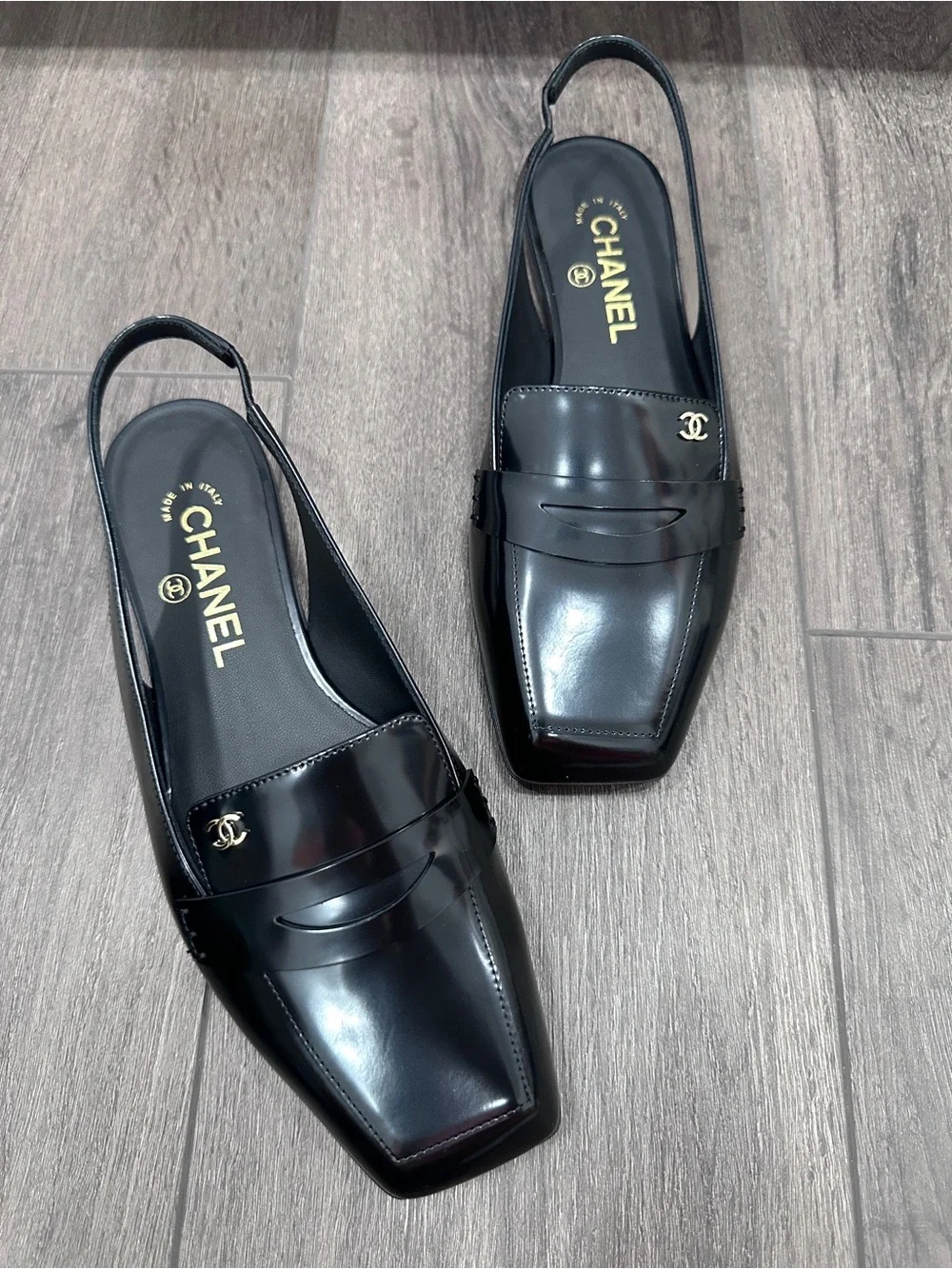 NEW 2026 CHANEL BLACK LEATHER SLINGBACK HALF LOAFER SHOES GOLD CC LOGO 37C BLAZY